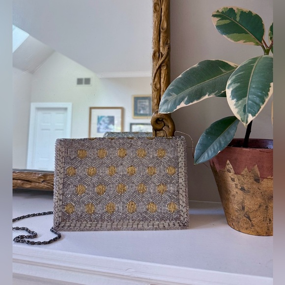 Vintage Handbags - Vintage Beaded Geometric Evening Shoulder Bag Clutch Gold Silver